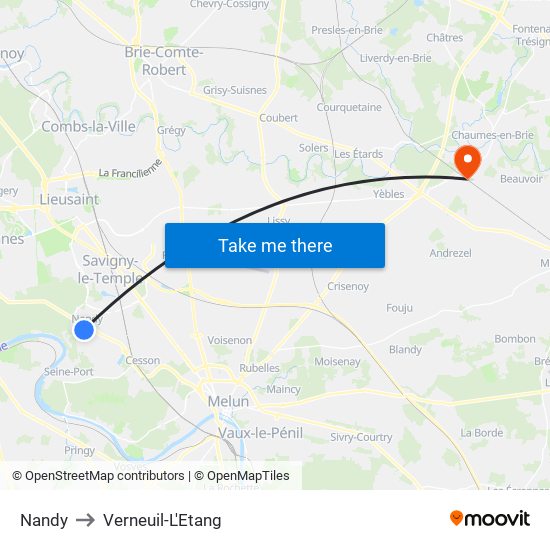 Nandy to Verneuil-L'Etang map