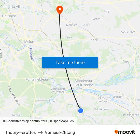 Thoury-Ferottes to Verneuil-L'Etang map