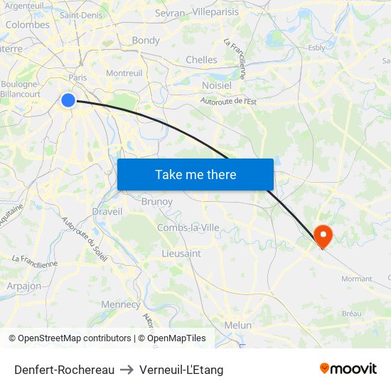 Denfert-Rochereau to Verneuil-L'Etang map