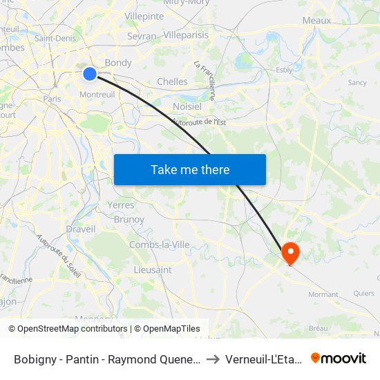 Bobigny - Pantin - Raymond Queneau to Verneuil-L'Etang map