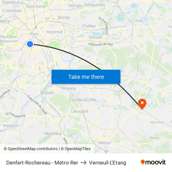 Denfert-Rochereau - Métro-Rer to Verneuil-L'Etang map