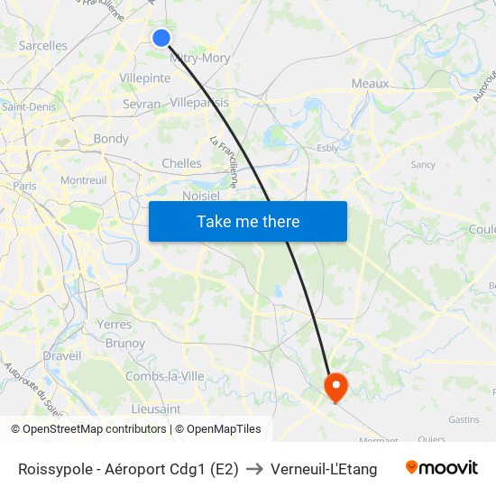 Roissypole - Aéroport Cdg1 (E2) to Verneuil-L'Etang map