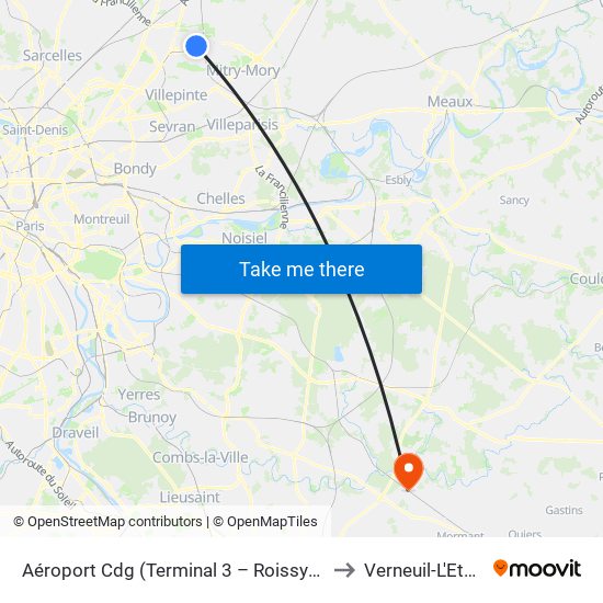 Aéroport Cdg (Terminal 3 – Roissypôle) to Verneuil-L'Etang map