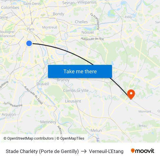 Stade Charléty (Porte de Gentilly) to Verneuil-L'Etang map