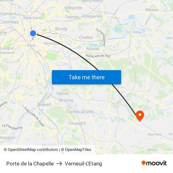 Porte de la Chapelle to Verneuil-L'Etang map