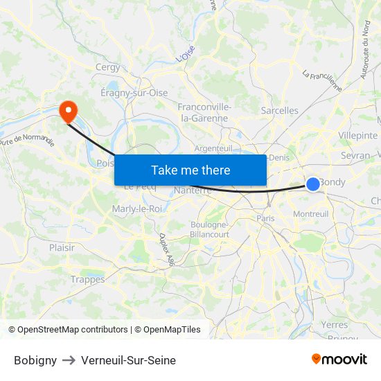 Bobigny to Verneuil-Sur-Seine map