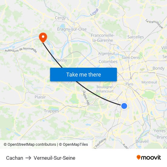 Cachan to Verneuil-Sur-Seine map