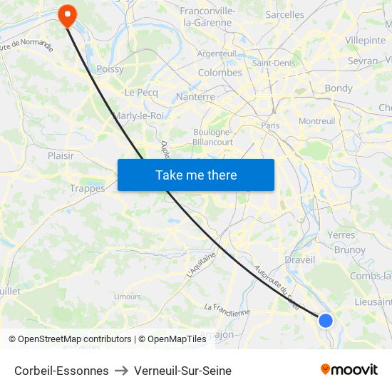 Corbeil-Essonnes to Verneuil-Sur-Seine map