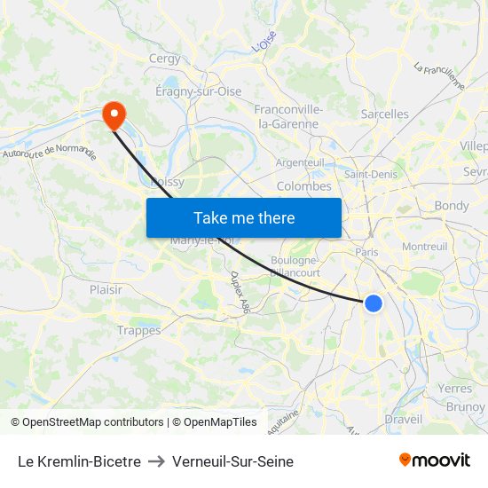 Le Kremlin-Bicetre to Verneuil-Sur-Seine map