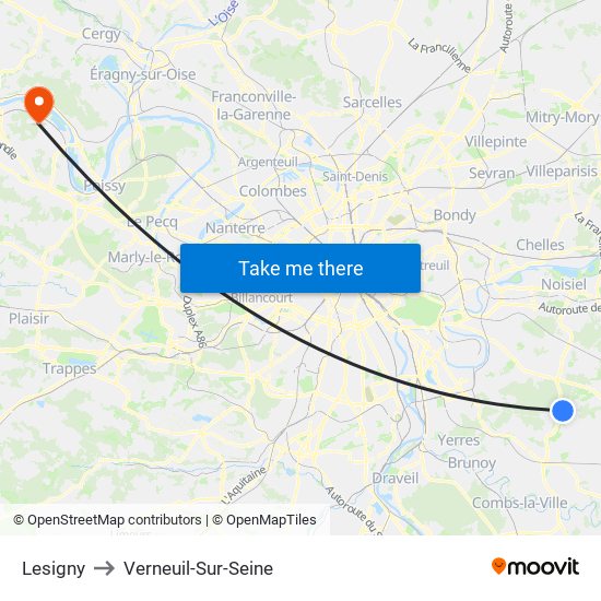 Lesigny to Verneuil-Sur-Seine map