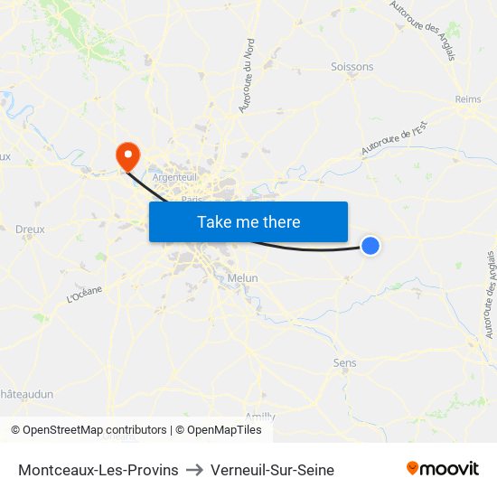 Montceaux-Les-Provins to Verneuil-Sur-Seine map