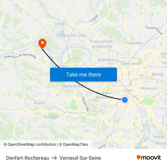 Denfert-Rochereau to Verneuil-Sur-Seine map
