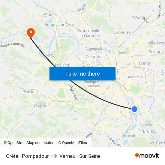 Créteil Pompadour to Verneuil-Sur-Seine map