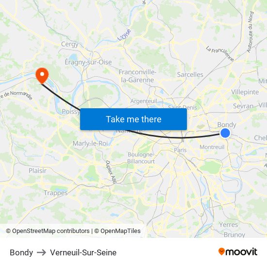 Bondy to Verneuil-Sur-Seine map