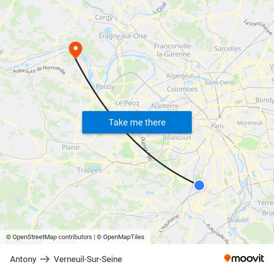 Antony to Verneuil-Sur-Seine map