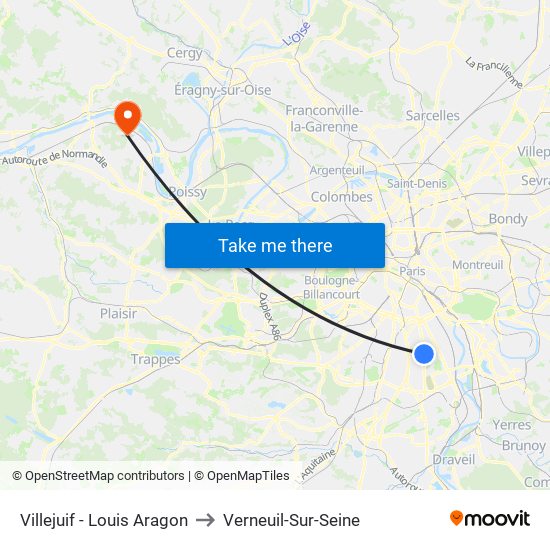Villejuif - Louis Aragon to Verneuil-Sur-Seine map