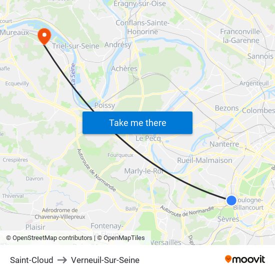 Saint-Cloud to Verneuil-Sur-Seine map