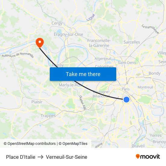 Place D'Italie to Verneuil-Sur-Seine map