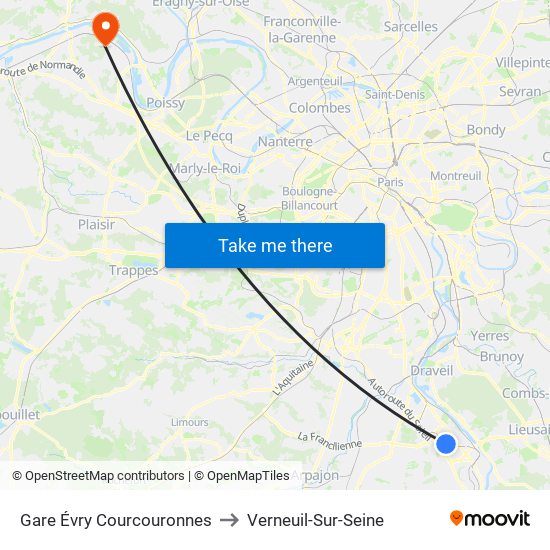 Gare Évry Courcouronnes to Verneuil-Sur-Seine map