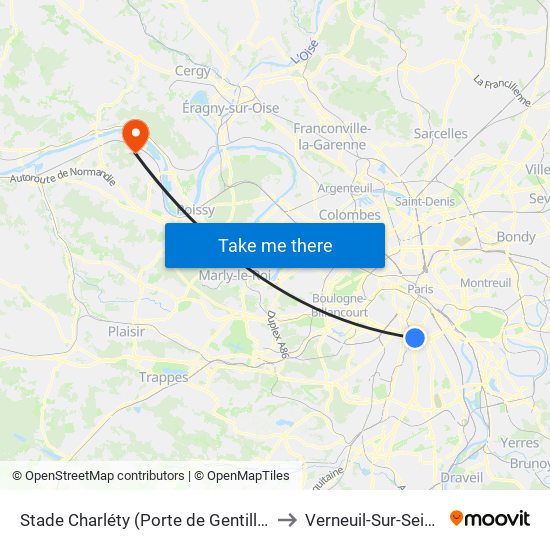 Stade Charléty (Porte de Gentilly) to Verneuil-Sur-Seine map