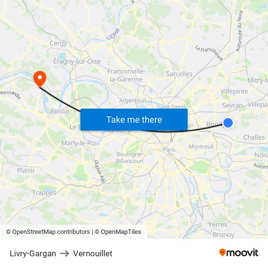 Livry-Gargan to Vernouillet map