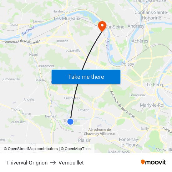 Thiverval-Grignon to Vernouillet map