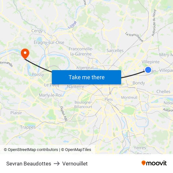 Sevran Beaudottes to Vernouillet map