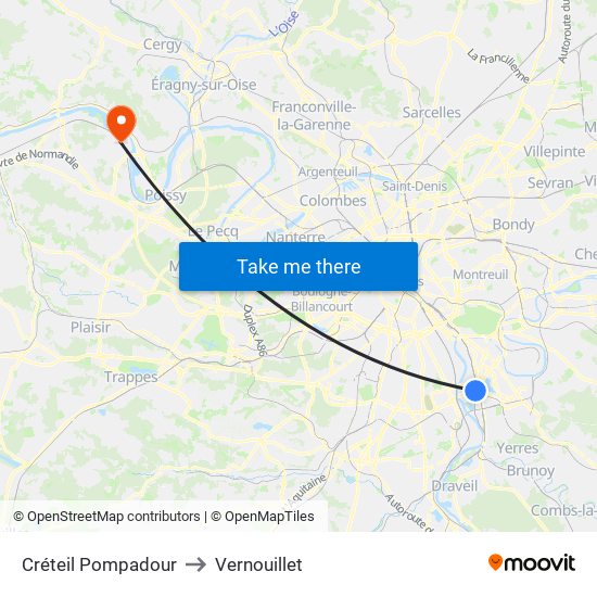 Créteil Pompadour to Vernouillet map