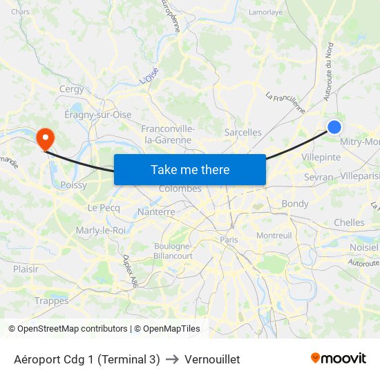 Aéroport Cdg 1 (Terminal 3) to Vernouillet map