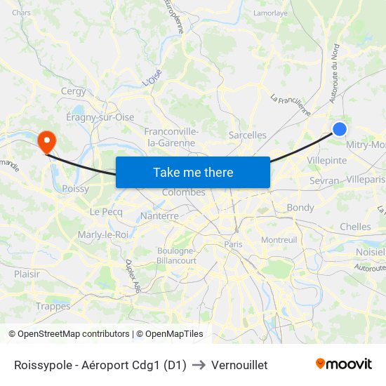 Roissypole - Aéroport Cdg1 (D1) to Vernouillet map