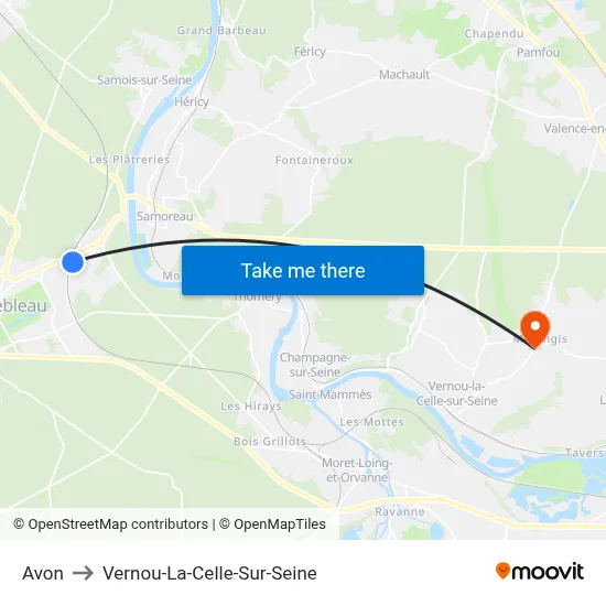 Avon to Vernou-La-Celle-Sur-Seine map
