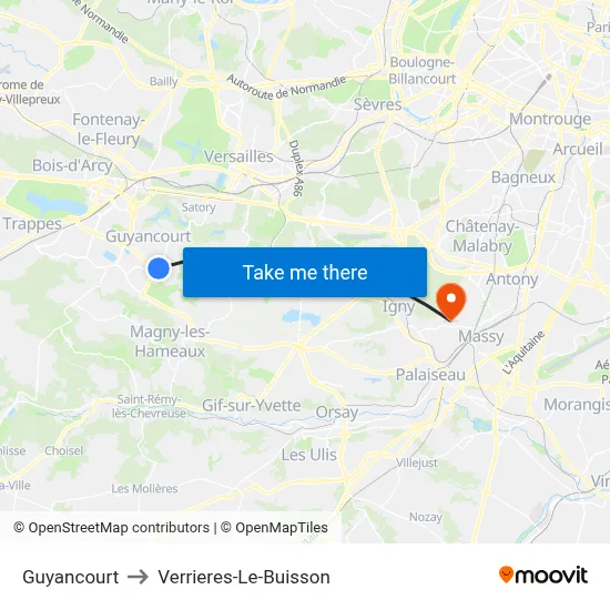 Guyancourt to Verrieres-Le-Buisson map