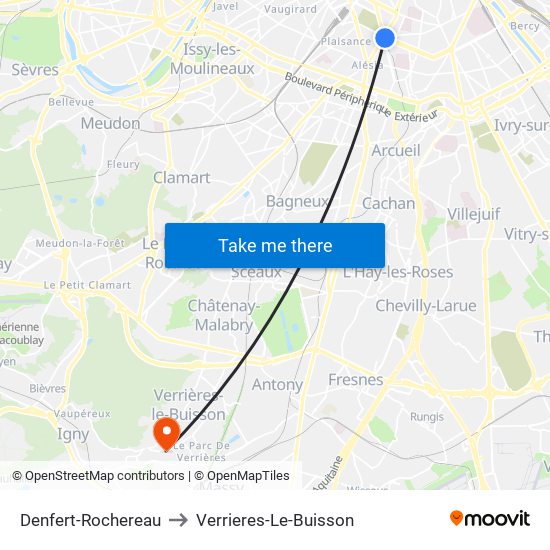 Denfert-Rochereau to Verrieres-Le-Buisson map