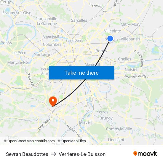 Sevran Beaudottes to Verrieres-Le-Buisson map