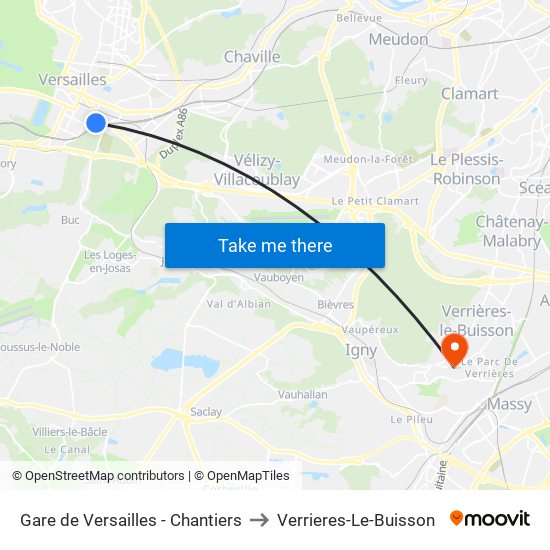 Gare de Versailles - Chantiers to Verrieres-Le-Buisson map