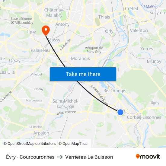 Évry - Courcouronnes to Verrieres-Le-Buisson map