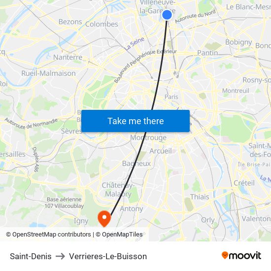 Saint-Denis to Verrieres-Le-Buisson map