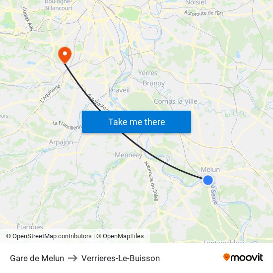 Gare de Melun to Verrieres-Le-Buisson map