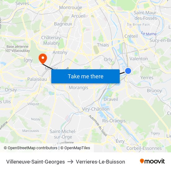 Villeneuve-Saint-Georges to Verrieres-Le-Buisson map