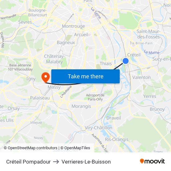 Créteil Pompadour to Verrieres-Le-Buisson map
