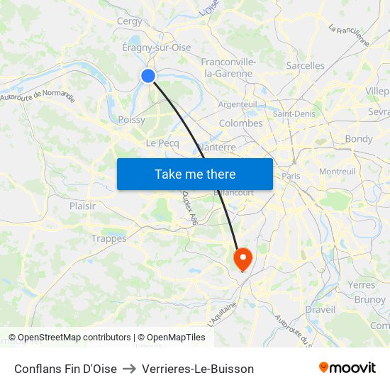 Conflans Fin D'Oise to Verrieres-Le-Buisson map