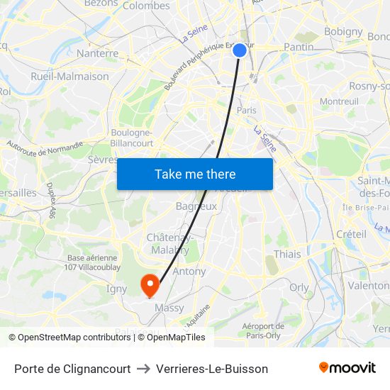 Porte de Clignancourt to Verrieres-Le-Buisson map