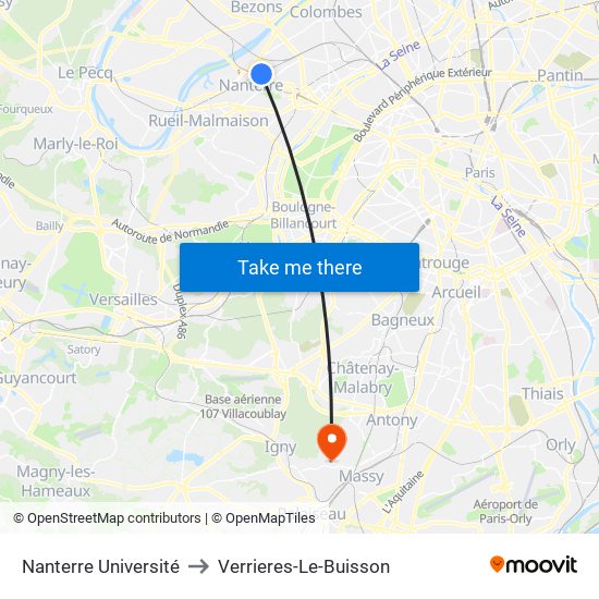 Nanterre Université to Verrieres-Le-Buisson map
