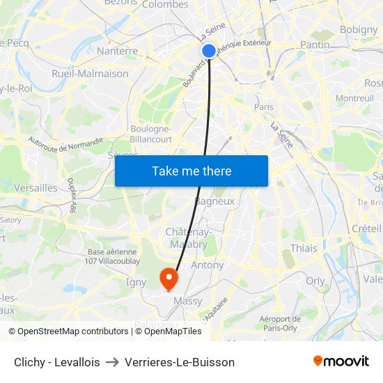 Clichy - Levallois to Verrieres-Le-Buisson map