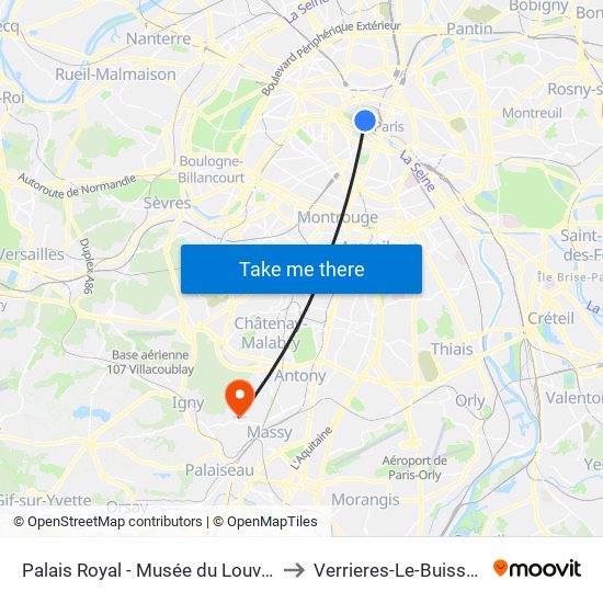 Palais Royal - Musée du Louvre to Verrieres-Le-Buisson map