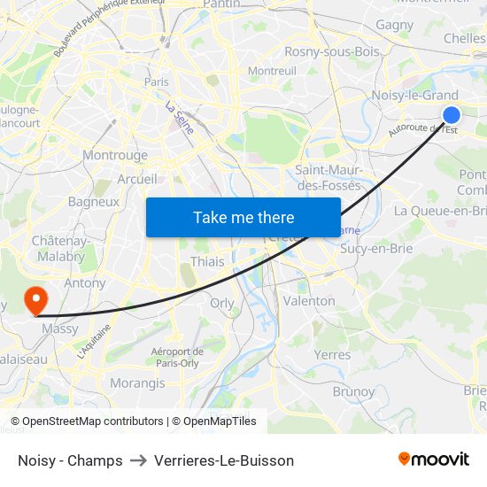 Noisy - Champs to Verrieres-Le-Buisson map