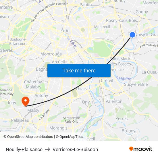 Neuilly-Plaisance to Verrieres-Le-Buisson map
