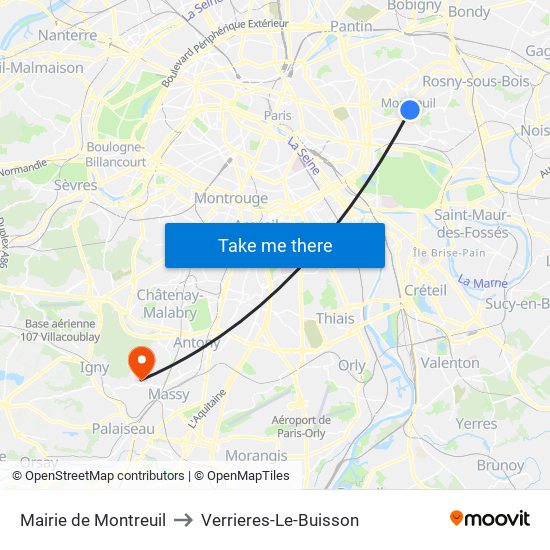 Mairie de Montreuil to Verrieres-Le-Buisson map