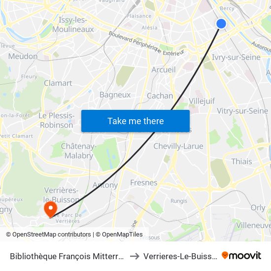 Bibliothèque François Mitterrand to Verrieres-Le-Buisson map