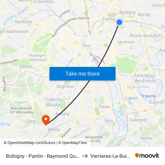 Bobigny - Pantin - Raymond Queneau to Verrieres-Le-Buisson map